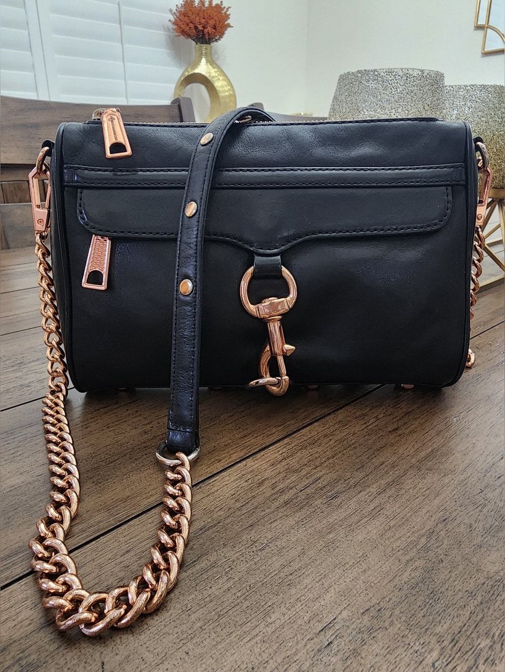 Rebecca Minkoff Black Leather Convertible Shoulder/crossbody, Rose Gold Hardware